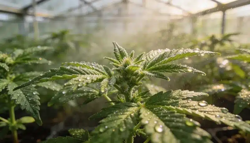 CBD Diesel X Gorilla (1:1) en cultivo de invernadero con hojas cubiertas de tricomas y desarrollo. Genética equilibrada THC:CBD con perfil diésel, terroso y matices dulces.