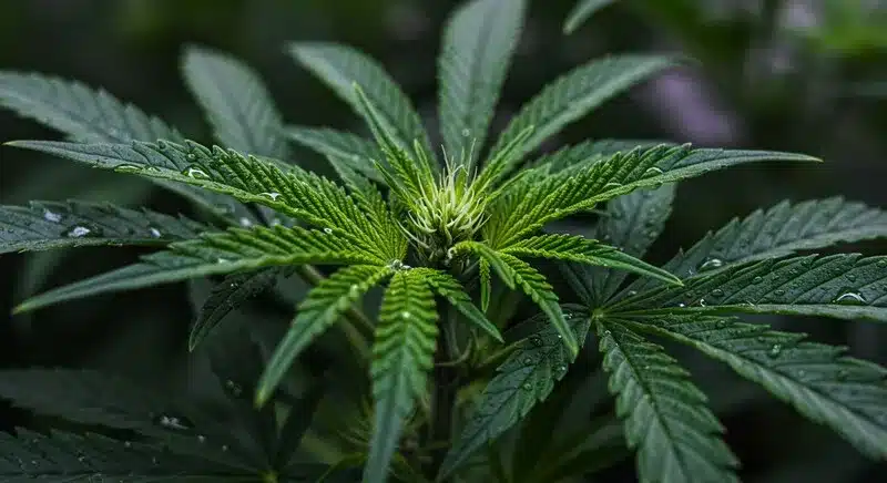 Planta de CBD Harlequin Kimbo Kush (1:2) con hojas verdes y brote central en inicio de floración con pistilos blancos.