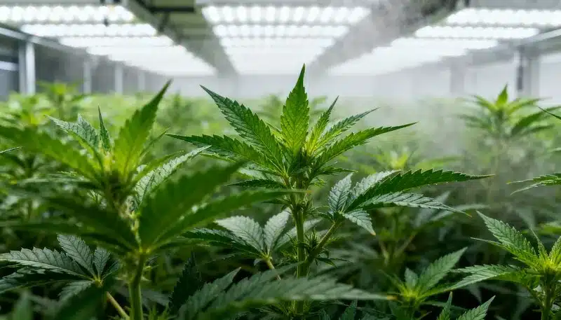 Cultivo indoor de CBD Mexican (1:1) con plantas en fase vegetativa bajo iluminación LED, hojas verdes y un crecimiento homogéneo en ambiente controlado.