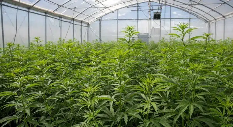 Plantas de CBD Sour Tangie (1:25) en invernadero con crecimiento y estructura sativa.
