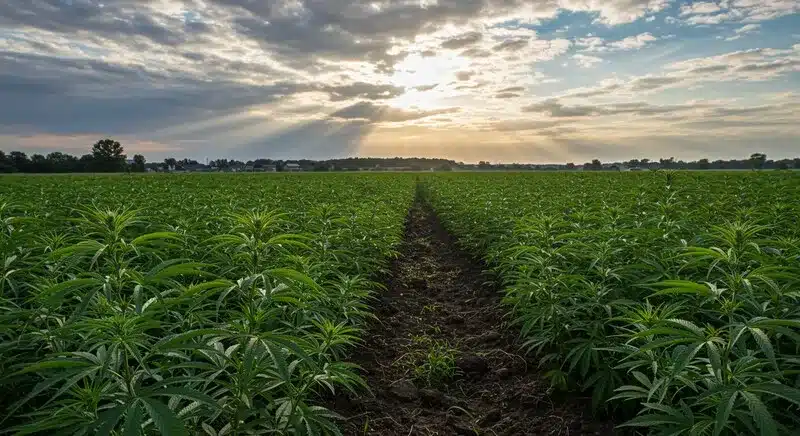 Plantación de CBD Stephen Hawking Kush en exterior con filas extensas de plantas creciendo en campo abierto, aprovechando la luz solar.