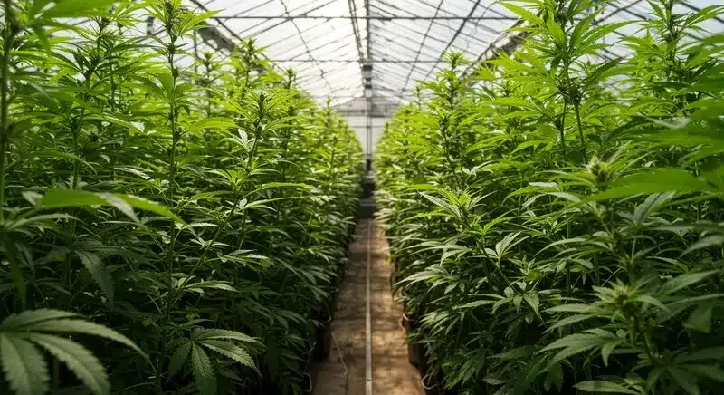 Cultivo de CBD Stephen Hawking Kush en invernadero con plantas en crecimiento uniforme en interior.