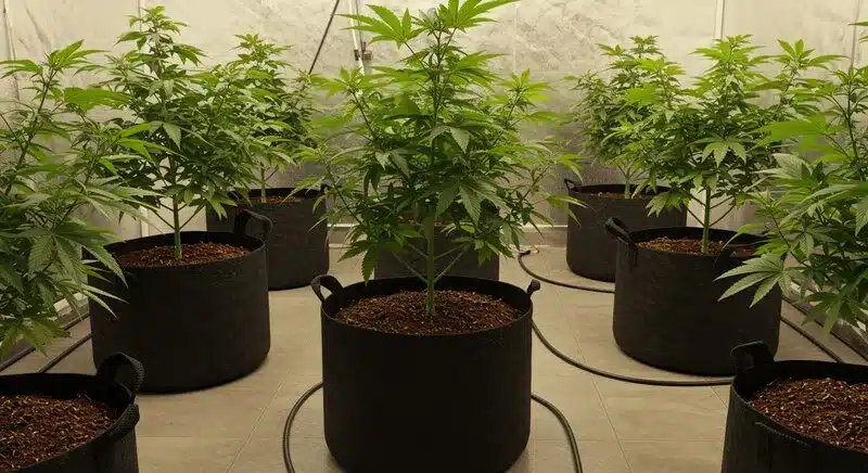 CBD Super Silver (1:1) en macetas de tela, con plantas bien desarrolladas, estructura equilibrada y hojas verdes que reflejan un crecimiento óptimo en condiciones controladas.