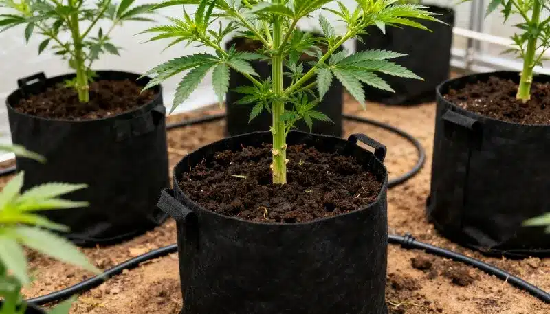 Plantas jóvenes de CBD Supreme Durban en macetas con sustrato y sistema de riego en cultivo interior.