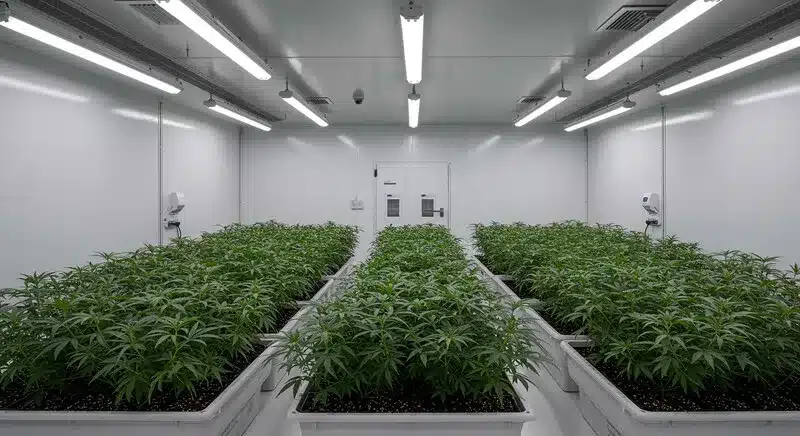 Sala de cultivo profesional con múltiples plantas de CBD Supreme Durban organizadas en filas, bajo iluminación artificial y ambiente controlado para un crecimiento óptimo y homogéneo.