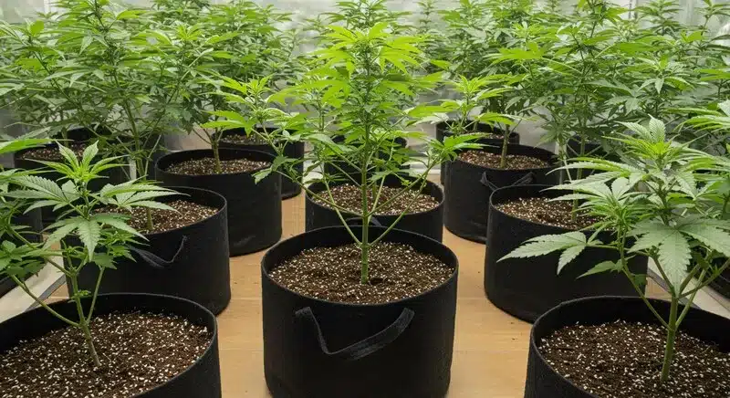 Plantas de CBD Tangie (1:15) en macetas de cultivo interior con crecimiento vegetativo saludable.