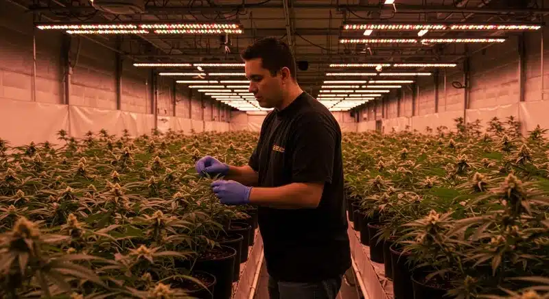 Instalación profesional de cultivo de CBD Therapy en interior, donde un técnico supervisa plantas en macetas bajo iluminación LED, garantizando calidad, uniformidad y alto rendimiento.