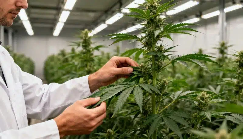 Planta de CBD Very Cherry Berry en fase de floración en cultivo interior, donde un técnico inspecciona su desarrollo, destacando su estructura saludable y producción de cogollos.