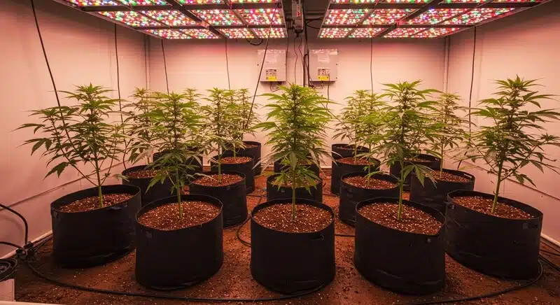Plantas de CBD White Widow (1:1) en macetas bajo luces LED durante fase vegetativa en cultivo interior.