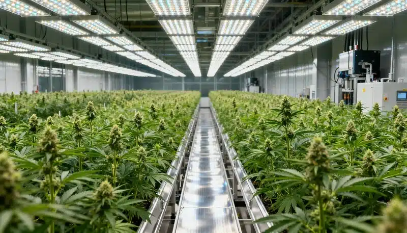 Sala de cultivo de CBD White Widow (1:1) con hileras de plantas en floración bajo iluminación LED profesional, entorno controlado para maximizar producción y equilibrio CBD THC.
