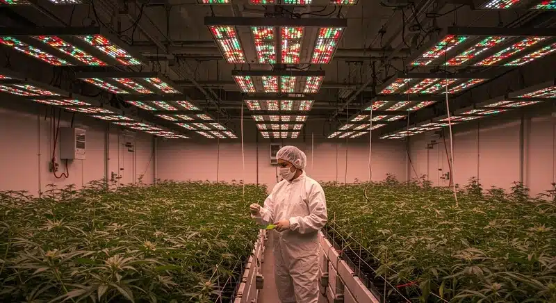 Sala de cultivo interior de CBD Zero con iluminación LED avanzada y control ambiental, donde un técnico supervisa el desarrollo uniforme de plantas ricas en CBD y sin THC.