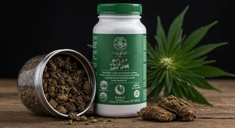 Fertilizante y cogollos de cannabis sobre mesa de cultivo, el uso de nutrientes para prevenir la clorosis en el cannabis, mejorando la absorción de micronutrientes esenciales como hierro y magnesio.