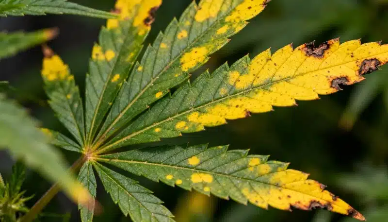 Hojas de cannabis con manchas amarillas y necrosis, síntomas comunes de deficiencias o estrés que pueden evitarse con un cultivo adecuado y control nutricional.