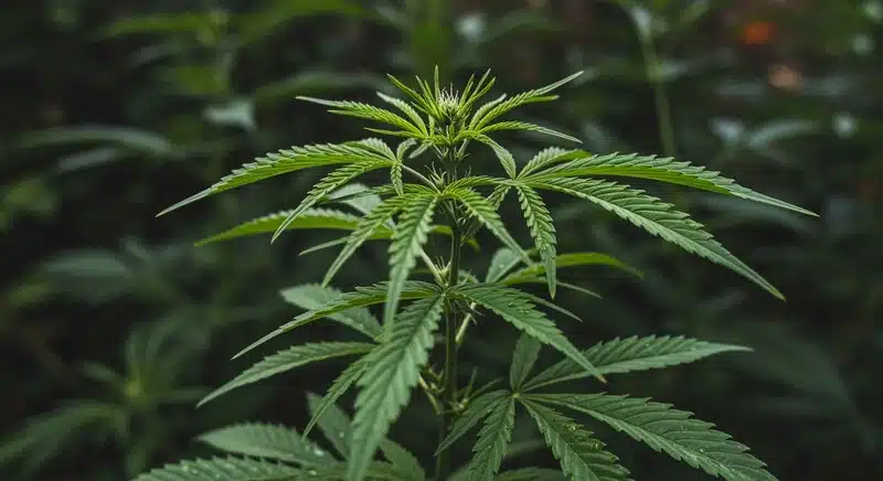 Hojas amarillas de cannabis en fase vegetativa sin estrés visible.