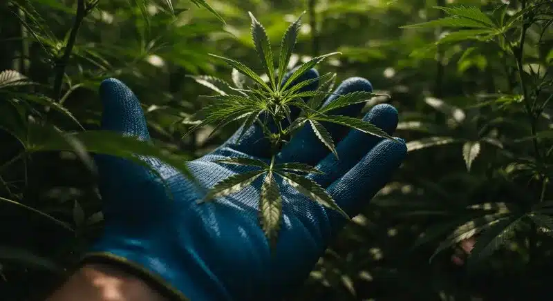 Hoja verde saludable sostenida por cultivador, analizar clorosis vs deficiencia de nitrógeno en el cannabis y reconocer síntomas tempranos frente a un crecimiento normal.