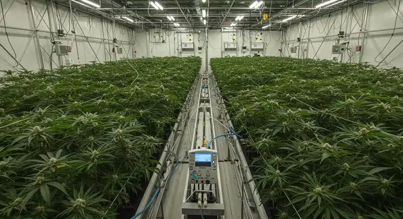 Cultivo interior de Cement Shoe x Rainbow Regular en una instalación profesional, con plantas en floración organizadas en filas, iluminación artificial y control ambiental para maximizar rendimiento y calidad.