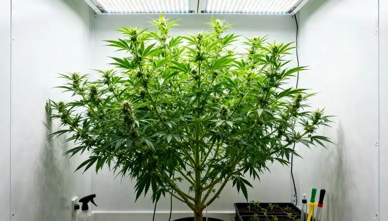 Planta de Cement Shoes Regular cultivada en interior bajo iluminación LED, con una estructura amplia y bien ramificada que favorece la producción de múltiples cogollos en fase de floración.
