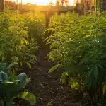 Cultivo de Cheese Diesel en exterior con plantas iluminadas por el atardecer.