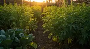 Cultivo de Cheese Diesel en exterior con plantas iluminadas por el atardecer.