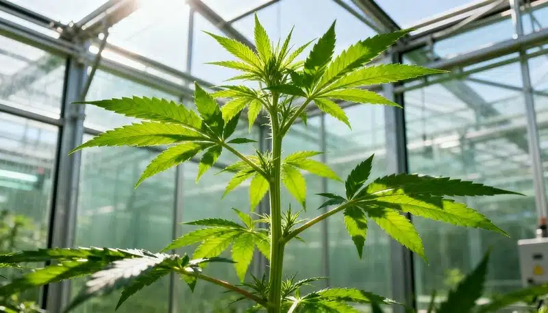 Planta de cannabis cultivada en invernadero con hojas verdes intensas y estructura saludable, ideal para representar las mejores variedades resistentes a la clorosis y deficiencias nutricionales.