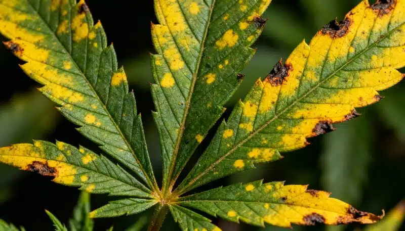 Hoja de cannabis con clorosis visible, manchas amarillas y necrosis en los bordes, un claro síntoma de que demasiada luz puede causar clorosis en el cannabis y dañar el tejido foliar.
