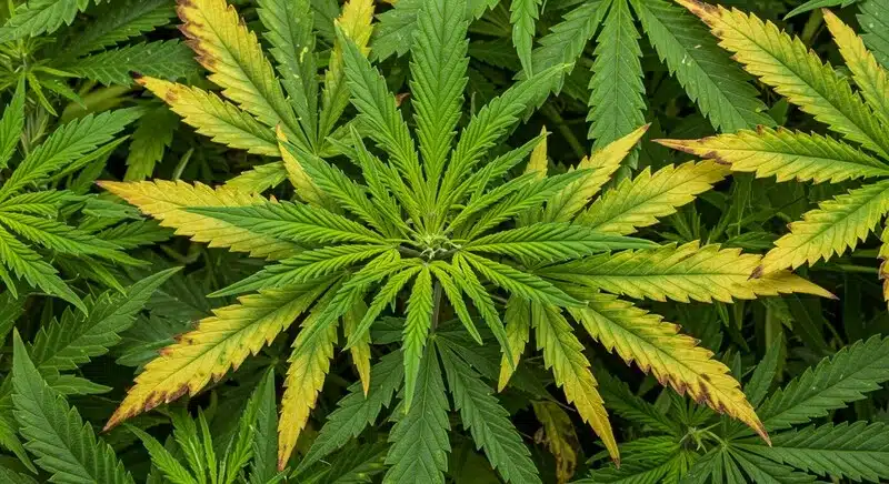 Fertilizantes para cannabis mejor valorados contra la clorosis aplicados en plantas con hojas amarillas, síntomas de deficiencia nutricional que afectan al crecimiento del cannabis.