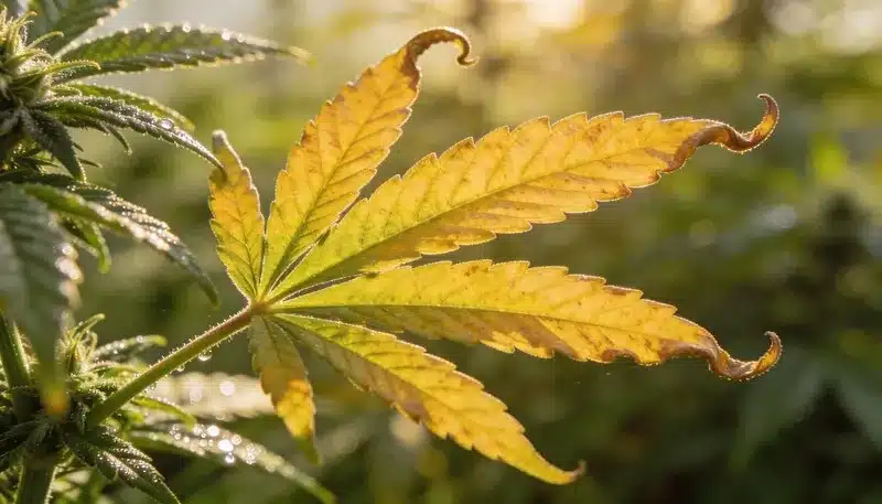 Hoja de cannabis amarilla con bordes necrosados, síntoma típico que explica cómo corregir la clorosis foliar en el cannabis ajustando pH, riego y aportes de nitrógeno o magnesio.
