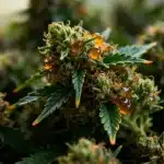 Cogollos de CBD Grape Pie (1:15) con resina visible y tricomas brillantes en floración avanzada.
