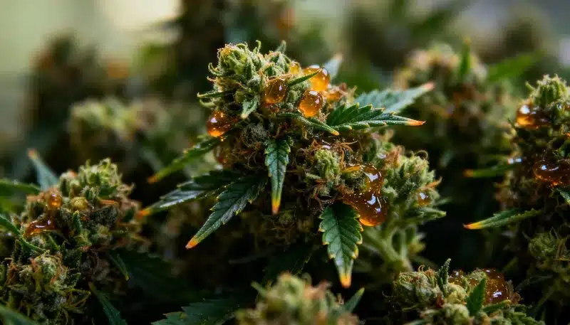 Cogollos de CBD Grape Pie (1:15) con resina visible y tricomas brillantes en floración avanzada.