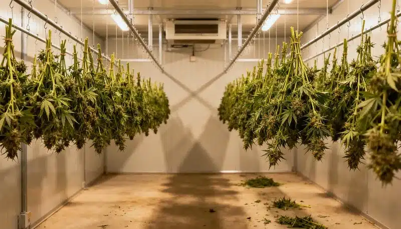 Sala de secado con ramas de CBD Super Kush (1:15) colgadas boca abajo, proceso postcosecha controlado para preservar cannabinoides y terpenos en flores ricas en CBD.