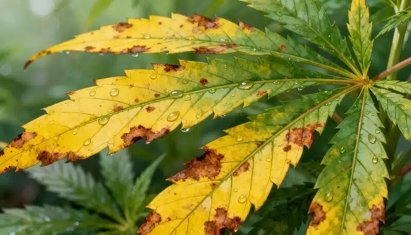 Hojas de cannabis con amarilleo y manchas marrones causadas por exceso de humedad, donde la acumulación de agua favorece hongos y altera el color natural de la planta.