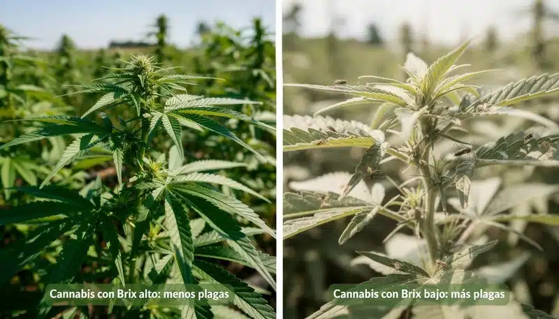 Comparación cannabis con Brix alto vs bajo mostrando resistencia a plagas y estrés.