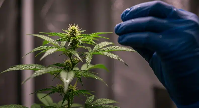 Cuidado manual de una planta en floración.