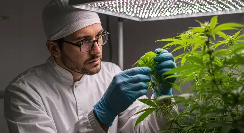 Cultivador inspeccionando hojas bajo luz LED, ejemplo práctico de cómo diagnosticar hojas amarillas en el cannabis evaluando pH, riego, nutrientes y posibles carencias de nitrógeno o hierro.