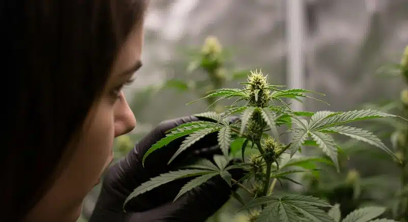 Cultivadora inspeccionando una planta de cannabis para detectar signos tempranos de estrés o carencias, fundamental para prevenir la decoloración de hojas en exterior mediante un control adecuado del entorno y nutrientes.