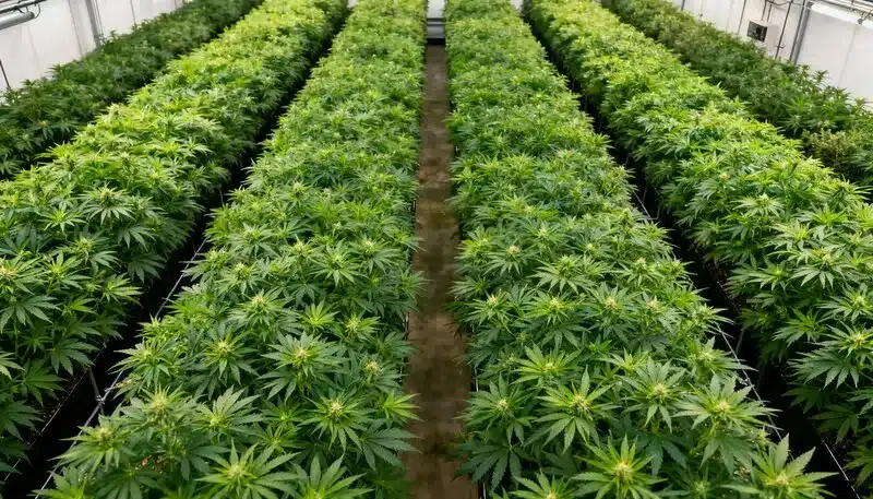CBD Sour Tangie (1:25) con múltiples filas de plantas homogéneas en fase vegetativa, optimizadas bajo condiciones controladas para un crecimiento uniforme y saludable.