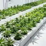 Cultivo de CBD Super Silver (1:1) en sistema hidropónico con plantas uniformes en ambiente controlado.