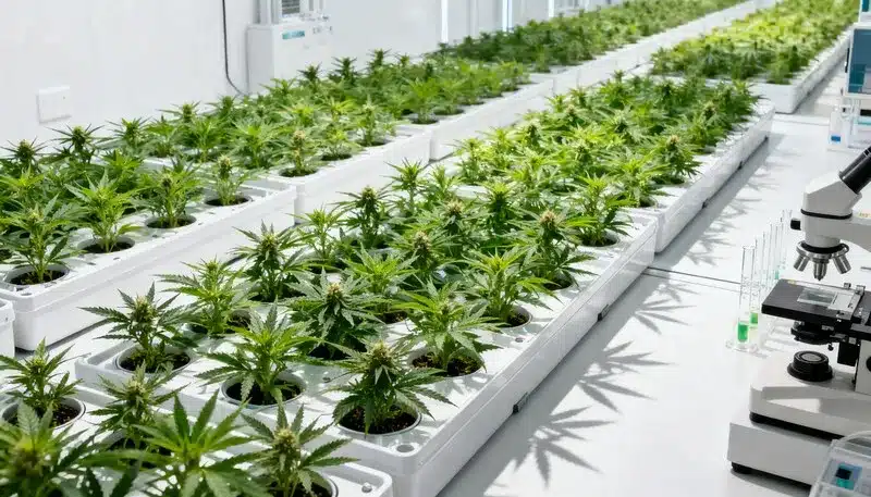 Cultivo de CBD Super Silver (1:1) en sistema hidropónico con plantas uniformes en ambiente controlado.