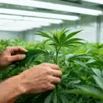 Cultivo de CBD Tangie (1:15) con poda y cuidado manual en interior bajo iluminación artificial.