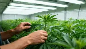 Cultivo de CBD Tangie (1:15) con poda y cuidado manual en interior bajo iluminación artificial.