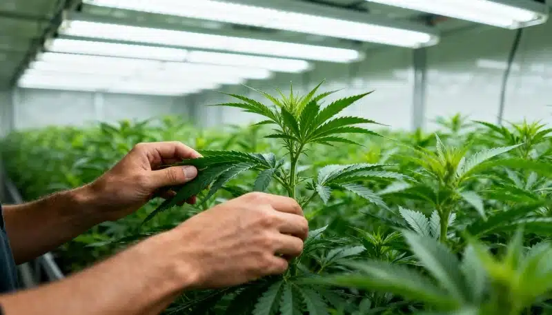 Cultivo de CBD Tangie (1:15) con poda y cuidado manual en interior bajo iluminación artificial.