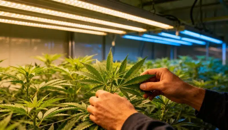 Cultivo de CBD Therapy en interior con plantas jóvenes bajo luces LED y cuidado manual de hojas.