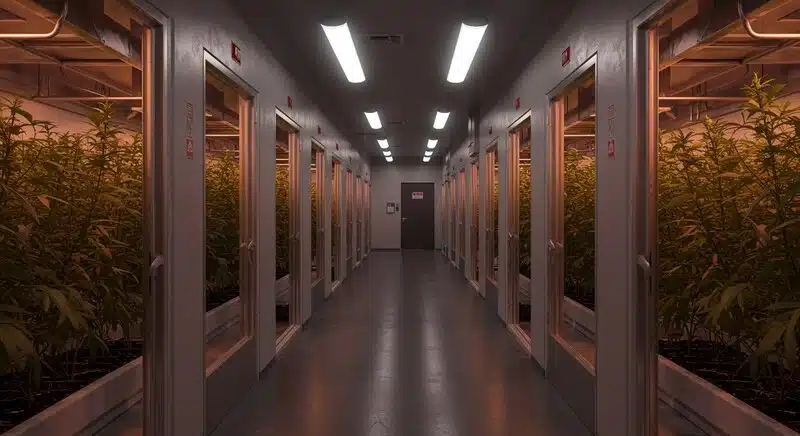 Instalación de cultivo interior de Cheese Diesel con salas climatizadas y luz artificial, donde las plantas crecen en un entorno controlado que optimiza su desarrollo y producción.