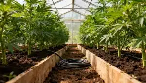 Cultivo de Cheesecake X Gelato Auto en invernadero con suelo fértil y sistema de riego por manguera.