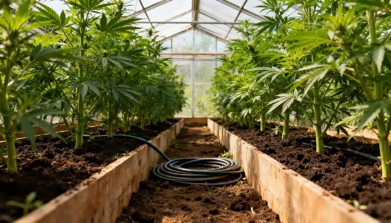 Cultivo de Cheesecake X Gelato Auto en invernadero con suelo fértil y sistema de riego por manguera.