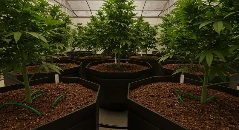 Cultivo interior de Cheesecake X Gelato Auto en macetas individuales con sistema de riego controlado, plantas sanas en fase vegetativa con estructura y crecimiento uniforme.
