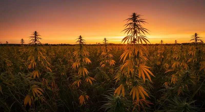 Cultivo de cannabis con hojas amarillentas al atardecer que evidencian señales de estrés y clorosis, posiblemente causadas por deficiencias de nitrógeno o condiciones ambientales adversas.