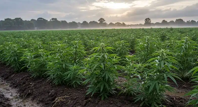 Plantación de CBD Strawberry (1:25) en cultivo exterior, con filas de plantas bien desarrolladas en campo abierto, destacando su adaptabilidad y crecimiento uniforme.