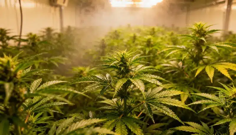 Cultivo indoor de CBD Harlequin Kimbo Kush (1:2) con varias plantas en floración bajo luz artificial, en un entorno controlado ideal para maximizar la producción de flores ricas en CBD.