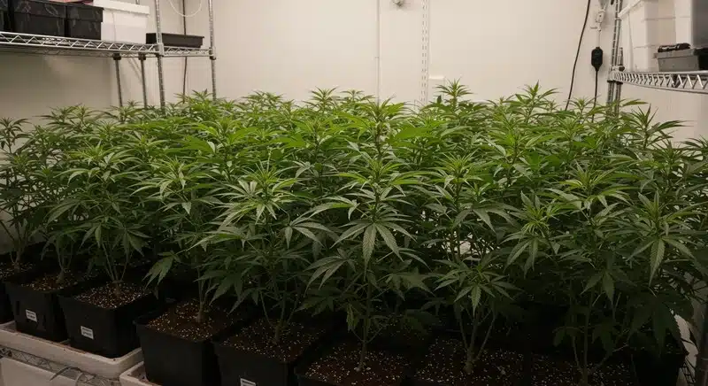 Plantación interior de Cheese en macetas alineadas, con plantas homogéneas y bien estructuradas bajo condiciones controladas, reflejando un cultivo eficiente y optimizado para producción.